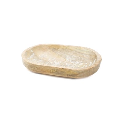 Flower Carved Wood Oval Bowl