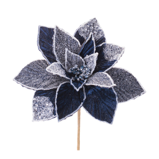 Navy and Silver Poinsettia Pick